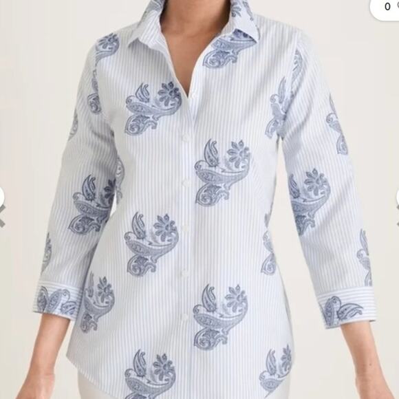 Chico's No Iron Paisley Print Cotton Button Down Blouse Chico's Size 2/ 12 - Picture 1 of 8